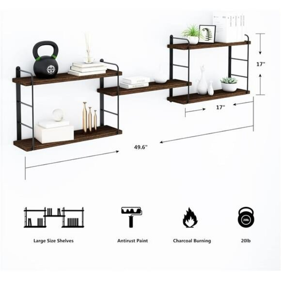 Rustic wood floating wall shelves set of 5 wall mounted storage home decor - Picture 3 of 7